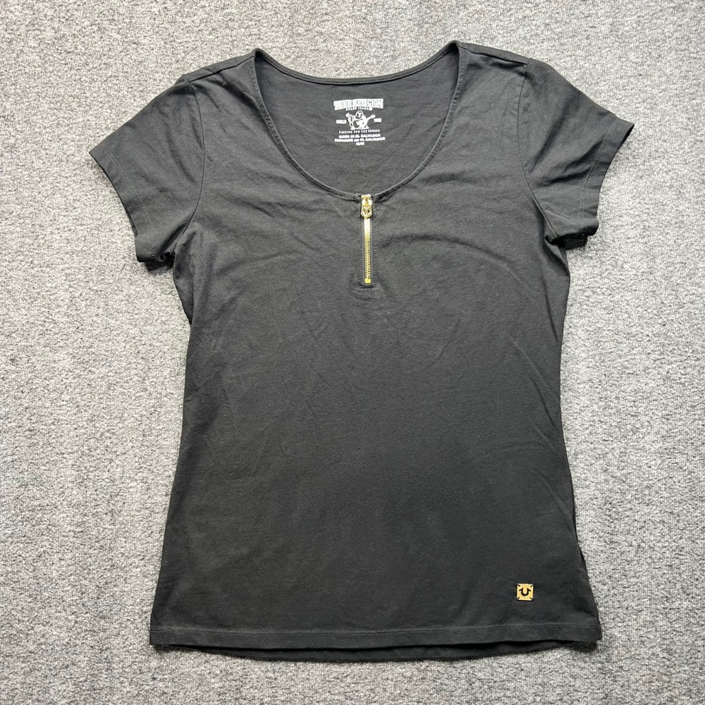 True Religion Half Zip Tee Women Medium Black Short Sleeve Scoop Neck WBG4152EZK